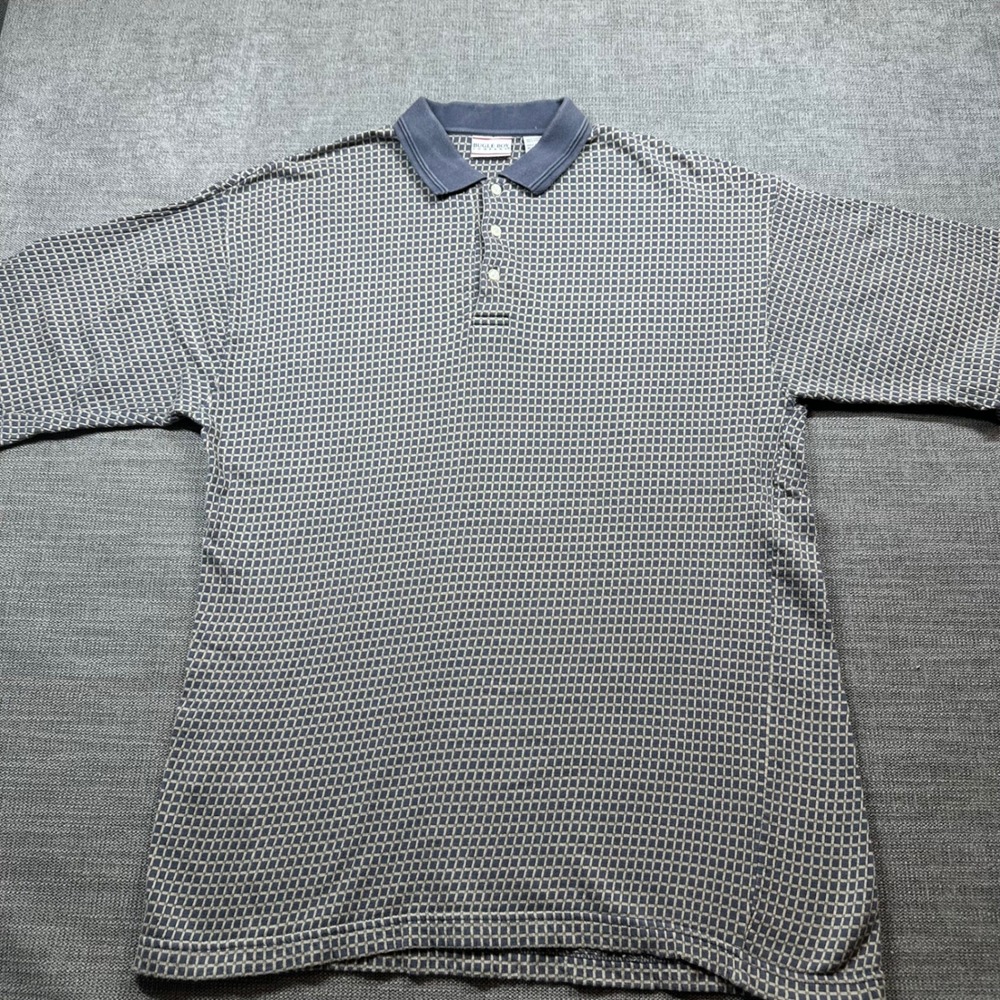 Bugle Boy Polo Shirt Mens Large Navy Blue Tan Grid Vintage 90s Cotton Good